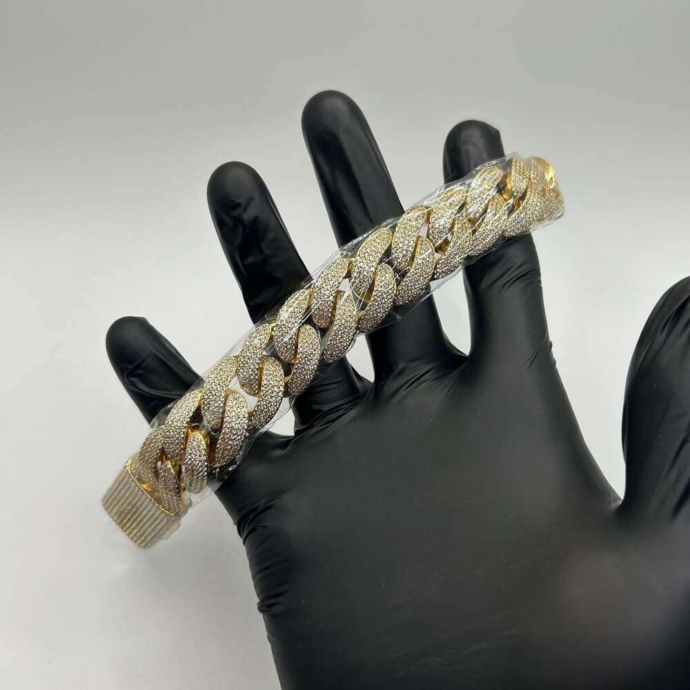 Moissanite Gold Cuban Bracelet Miami Cuban Link Prong Bracelet 20mm 7.5” 4 Row